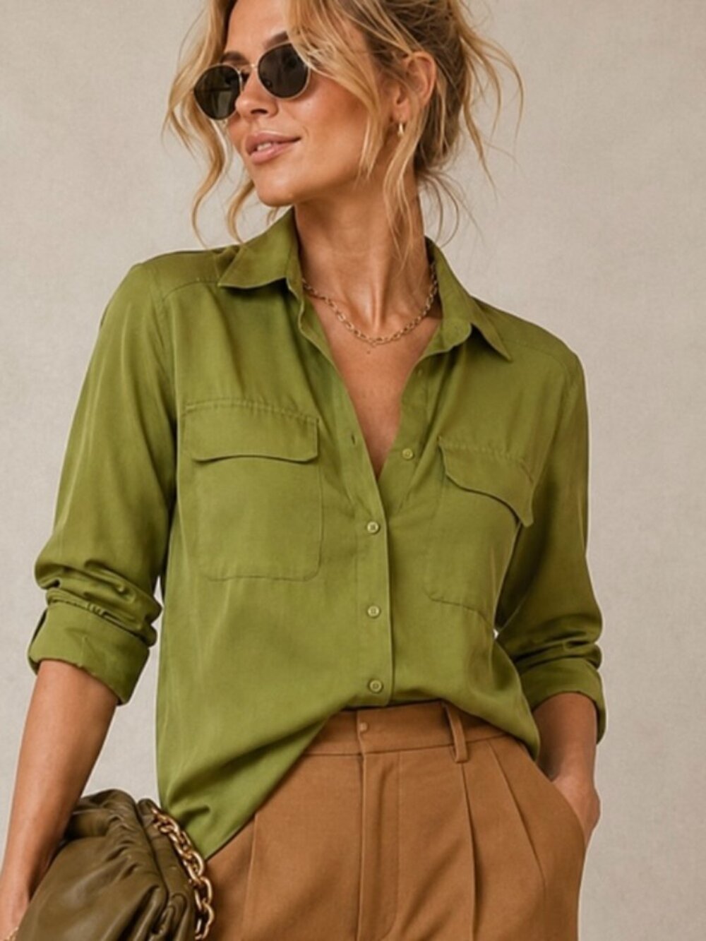 Women's satin like button down blouse chartreuse green Med office classic fall